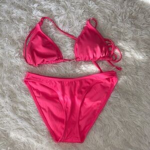 wild fable Hot Pink Ribbed Triangle Bikini Set